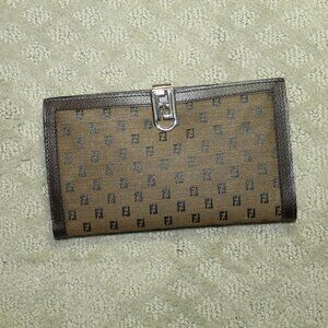NWOT Fendi Brown Zucca Pattern Fold Leather Canvas Long Wallet Made in Italy